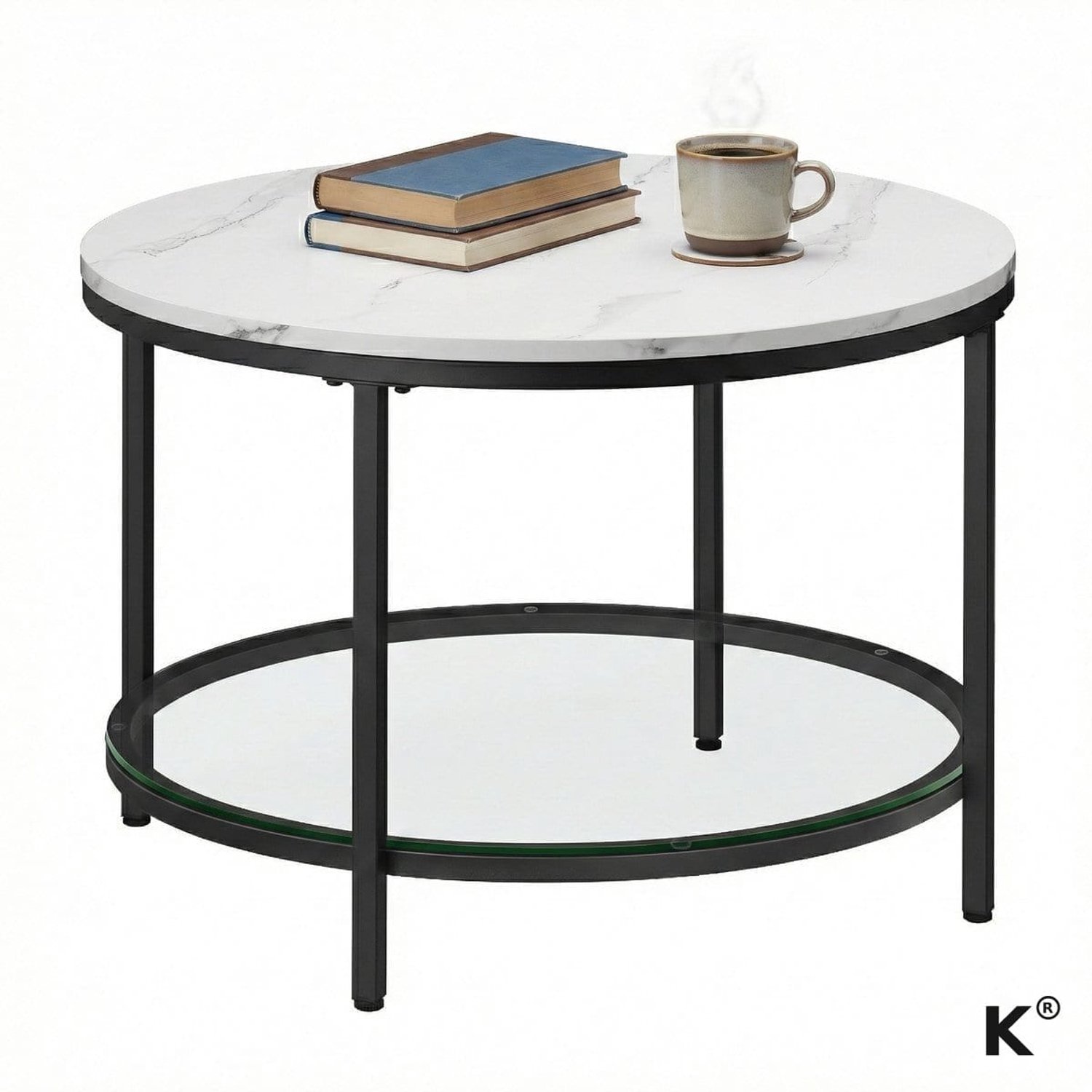 Klarven Salontafel Marmerlook Wit-Zwart - Salontafel Glas - Salontafel - Gehard Glas, Eenvoudig te Monteren - Draagvermogen 30kg Wit marmer/zwart