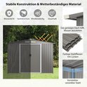 Grijze metalen schuur met uitleg over weerbestendigheid, hellend dak, stalen platen en versterkt frame.