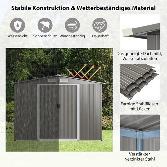 Grijze metalen schuur met uitleg over weerbestendigheid, hellend dak, stalen platen en versterkt frame.