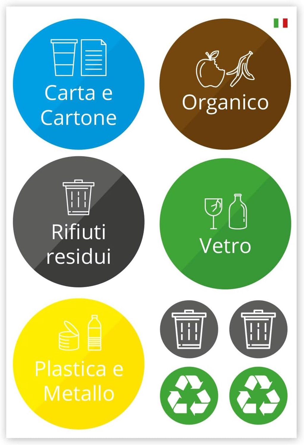 afvalbakstickers set van 9 - Italiaanse recycling stickers - bevorder duurzaamheid - eenvoudig afval scheiden - m-winkel