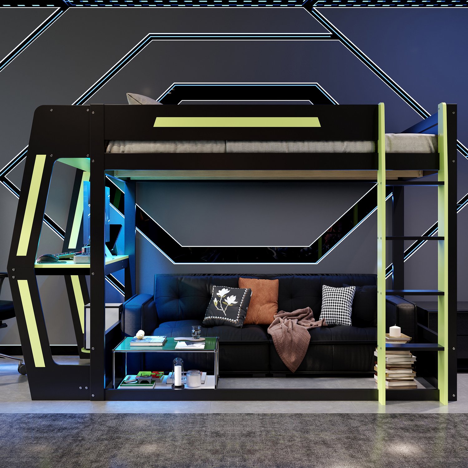 WUVRIE Gaming-halfhoogslaper 120x200 cm - Bureau, opbergruimte en LED-verlichting - Zwart/groen