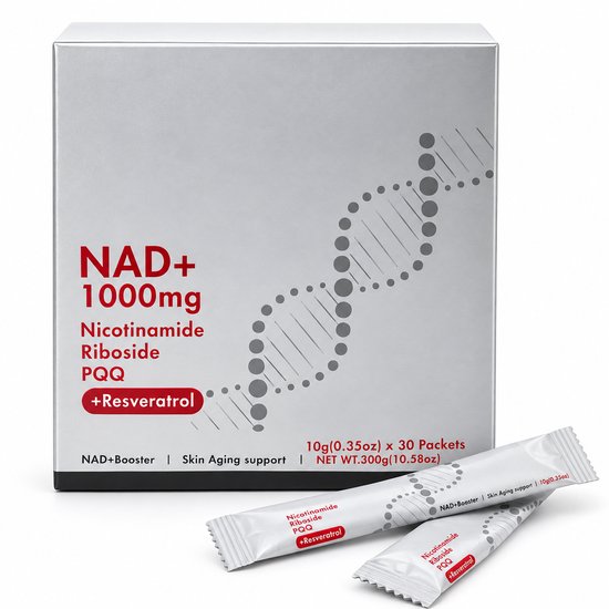Zilverkleurige doos NAD+ 1000mg supplementen met DNA-helix patroon en twee bijbehorende losse zakjes.