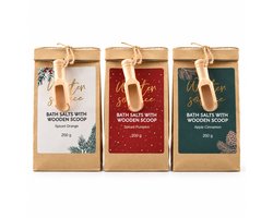 HEM Badzout Cadeauset - 3 Geuren - 3 x 200 g - Sinaasappel, Pompoen en Appel-Kaneel - Met Houten Schepjes - Inclusief HEM Microvezeldoekje