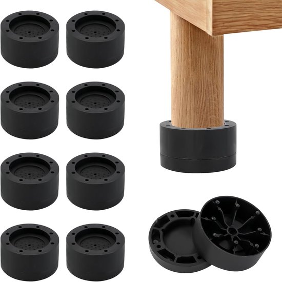 Set van zwarte ronde meubelverhogers met antislip-onderkant en geribbelde structuur voor tafels.