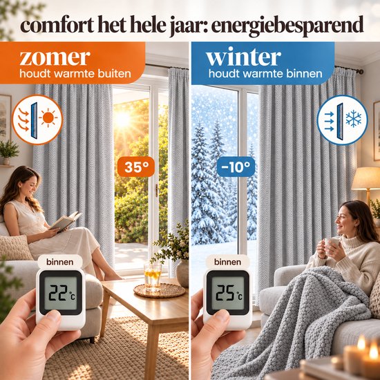 Grijze gordijnen voor energiebesparing: houden warmte buiten in de zomer en binnen in de winter.
