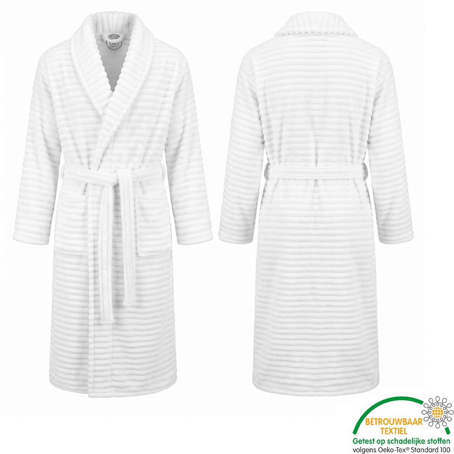 Sorprese Badjas Fleece Ribcord - sjaalkraag - Off-white - badjas dames - badjas heren - Cadeau - Oeko-Tex Standard 100 Wit