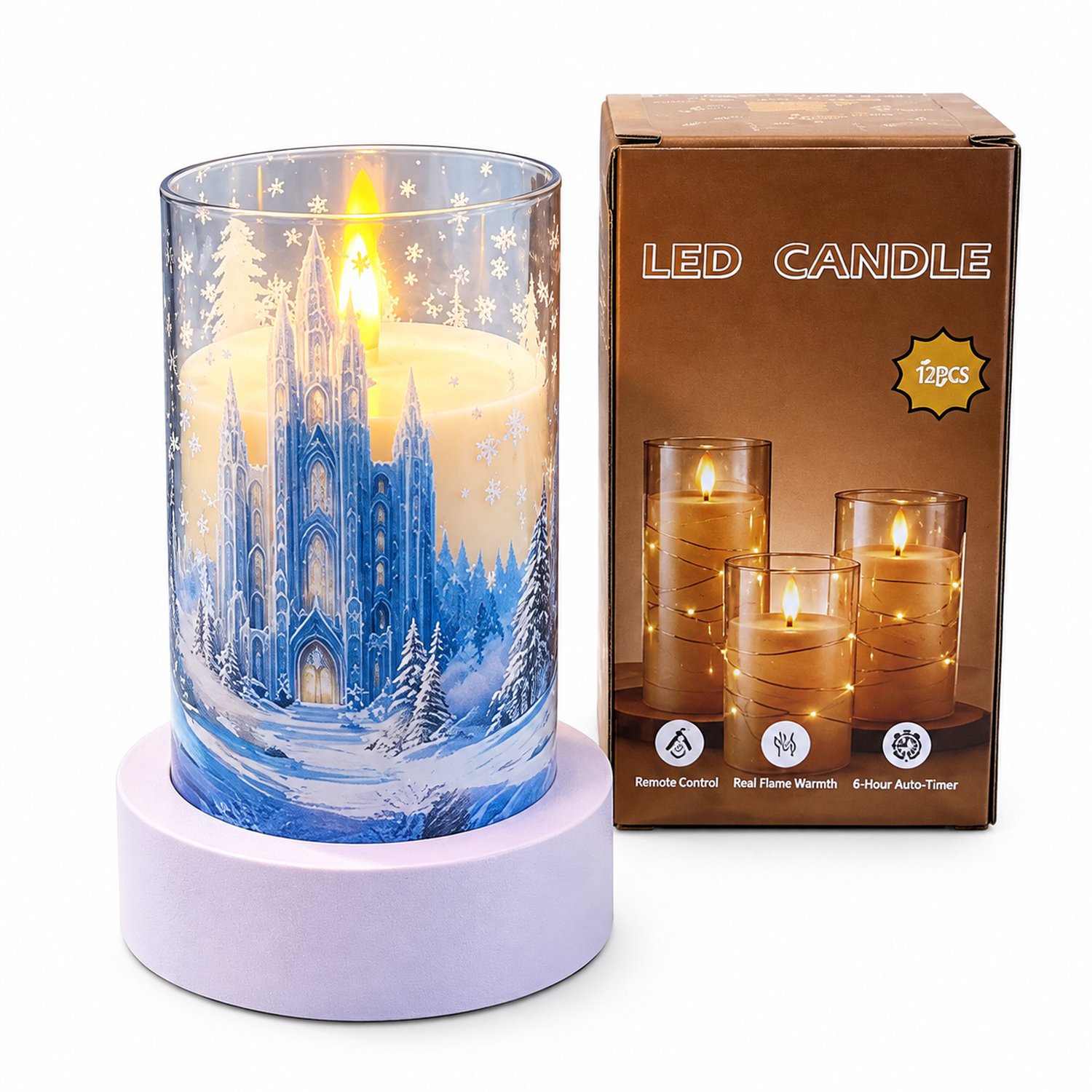 SWGOTA led kaarsen - model met sneeuwlandschap, 7,5 x 12,5 cm, warm licht, op batterijen, batterijen niet inbegrepen Bruin
