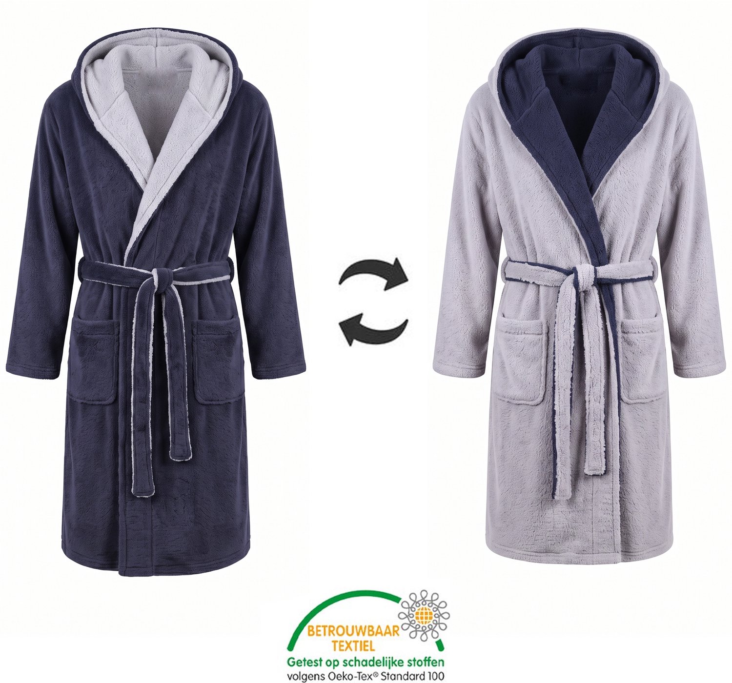 Sorprese Micro Fleece - Badjas - Donkerblauw/Lichtgrijs - Dubbelzijdig met Capuchon - Ultra Zacht en Warm - Badjas Dames - Badjas Heren - Sauna - Cadeau - Oeko-Tex Standard 100