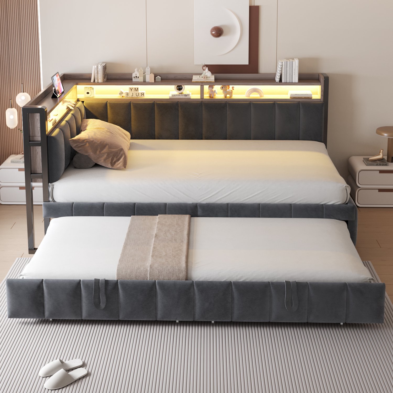 WUVRIE Slaapbank 90x200 cm - Uitschuifbed met LED, USB en USB-C - Donkergrijs