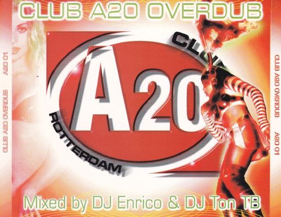 Club A20 Overdub cd-hoes met opvallende rode cirkel, witte A20-tekst en dansende figuren op een oranje achtergrond.