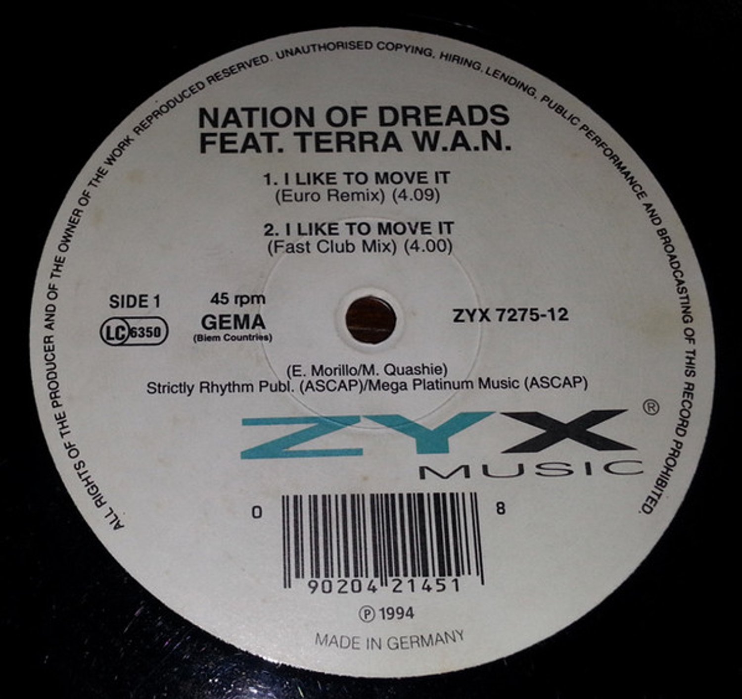 I Like To Move It, Nation Of Dreads Feat. Terra W.A.N. | Media condition: Very Good Plus (VG+) | 12
