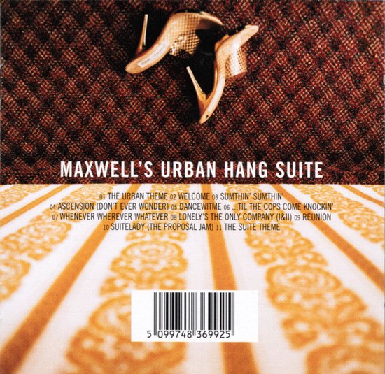 Achterzijde album Maxwell's Urban Hang Suite met gouden hakken op bruine vloerbedekking en een lijst met 11 nummers.