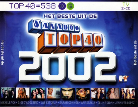 Cover van de Wanadoo Top 40 2002 2-CD met logo's van Radio 538 en MTV, inclusief foto's van diverse artiesten.