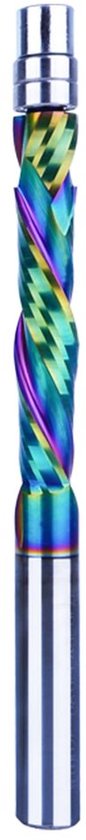 Regenboogkleurige spiraalfrees met een glanzende schacht en spiraalvormige snijkanten.