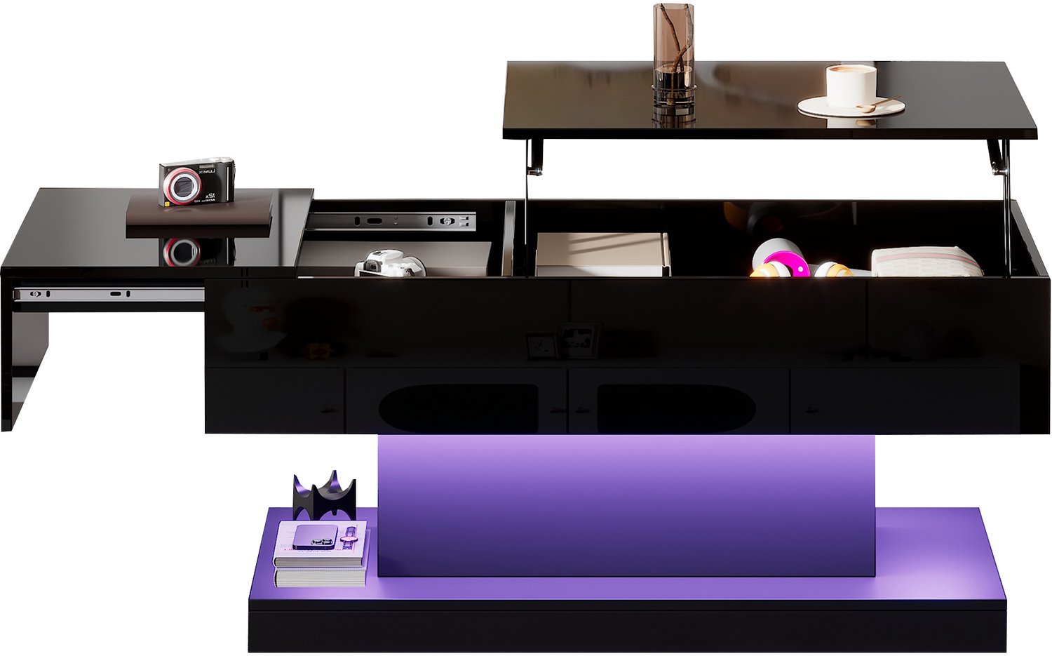 Merax Salontafel 100x50x45 cm - met LED-verlichting - half-verstelbaar tafelblad en zijwaarts verplaatsbaar - met opbergruimte - zwart