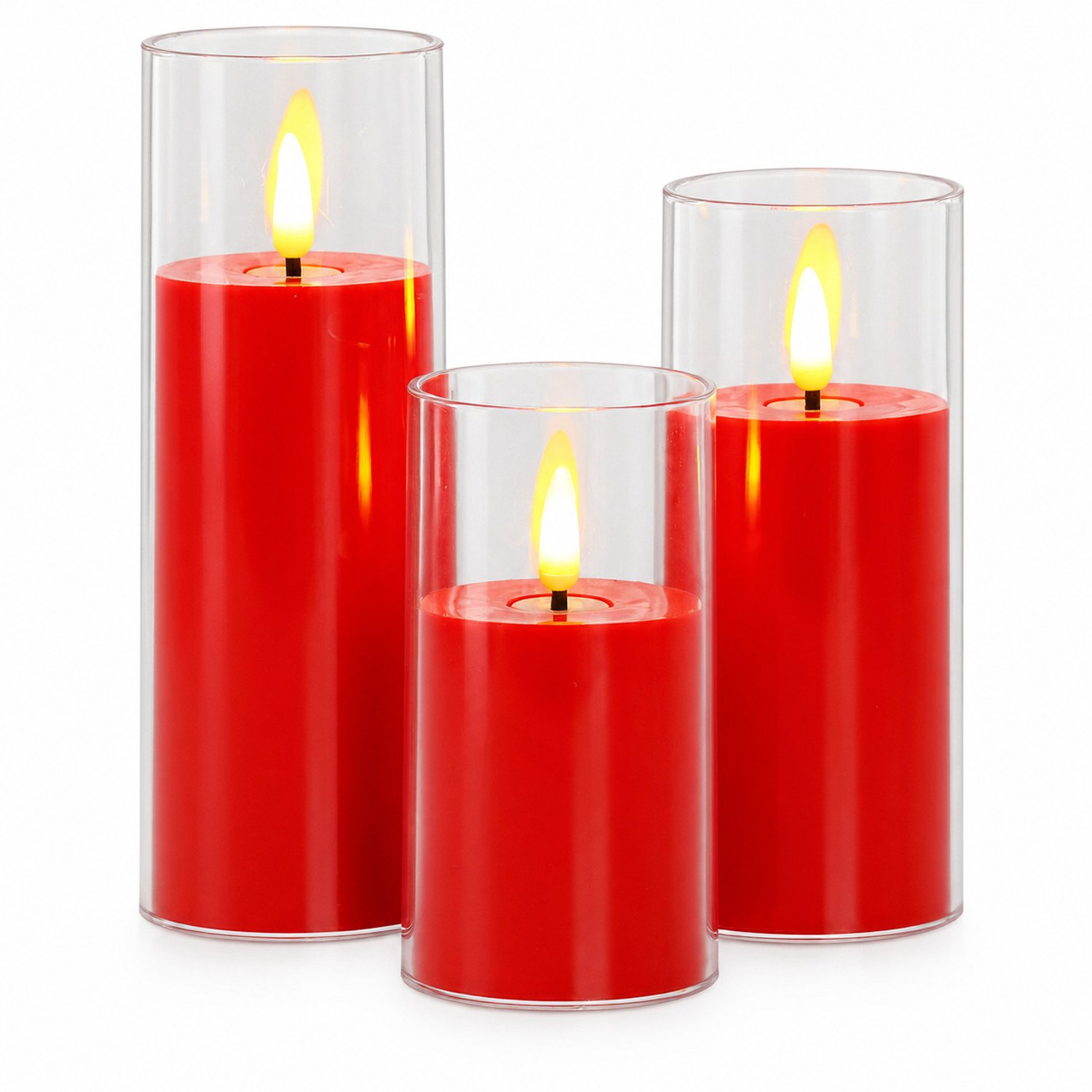 SWGOTA led kaarsen set van 3, rood, warm licht en spitse vlamvorm, transparante cilindervormige kap, diameter 5.5 cm, hoogtes 10/12.5/15 cm, kerstdecoratie