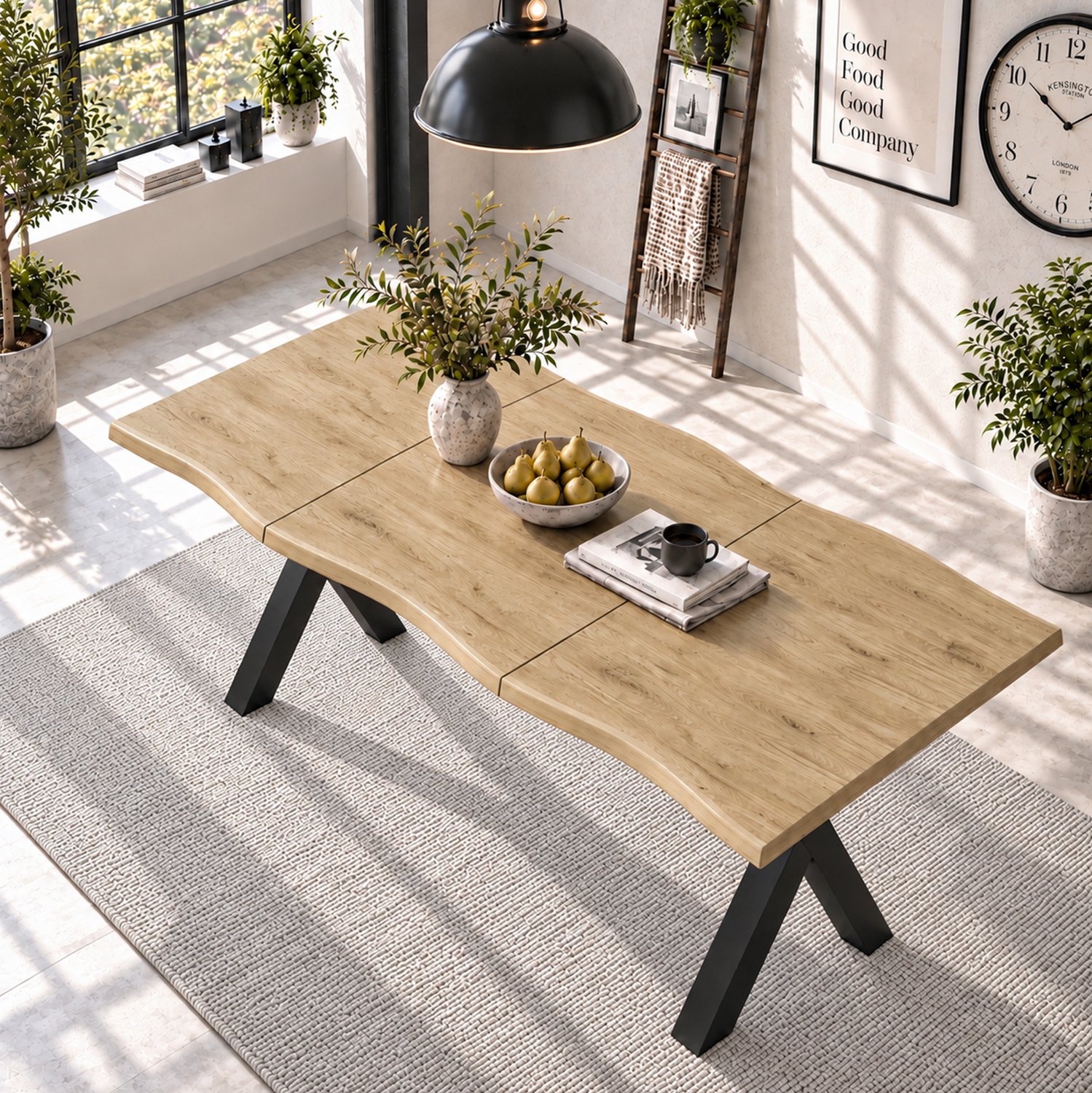 FloraGrace Eettafel - Golvende Rand Met X-Poten - Voor 4 Tot 6 Personen - MDF En Metaal - 160 X 78 X 77 Cm - Houtkleur