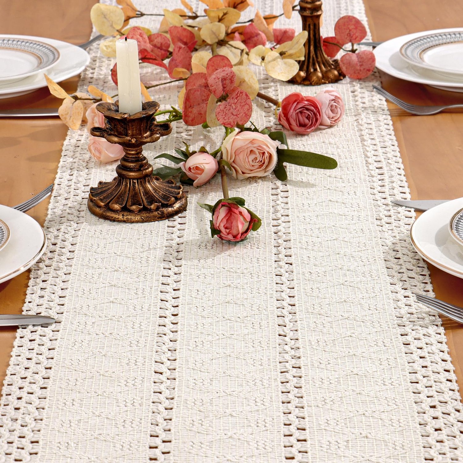 Tafelrunner Katoen Boho Macramé Wit 30x240cm Vintage Design