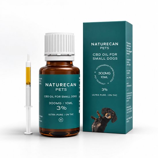 Bruin glazen flesje Naturecan CBD-olie voor kleine honden naast de verpakking en een doseerspuitje.