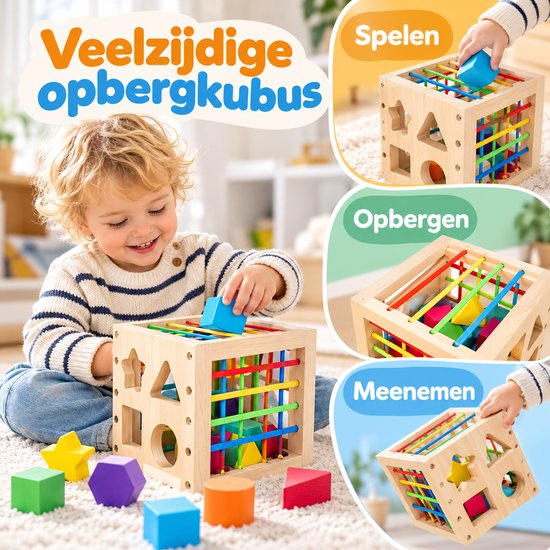 BOTC Houten Vormenstoof - Montessori Sorteerkubus met 8 Rammelende Vormen - Sensorisch Speelgoed voor Kinderen vanaf 1 Jaar - Kleurrijk — afbeelding 4