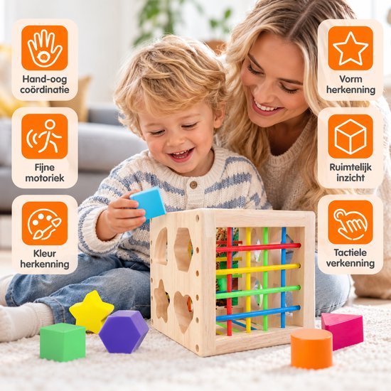 BOTC Houten Vormenstoof - Montessori Sorteerkubus met 8 Rammelende Vormen - Sensorisch Speelgoed voor Kinderen vanaf 1 Jaar - Kleurrijk — afbeelding 5