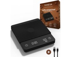 SANEVA Koffie Weegschaal met Timer - Barista Weegschaal - Digitale Precisie Weegschaal 0,1 Gram - Keukenweegschaal - Brew Ratio & Flow Rate - Espresso & Pour Over - USB-C Oplaadbaar - tot 2 KG - Zwart