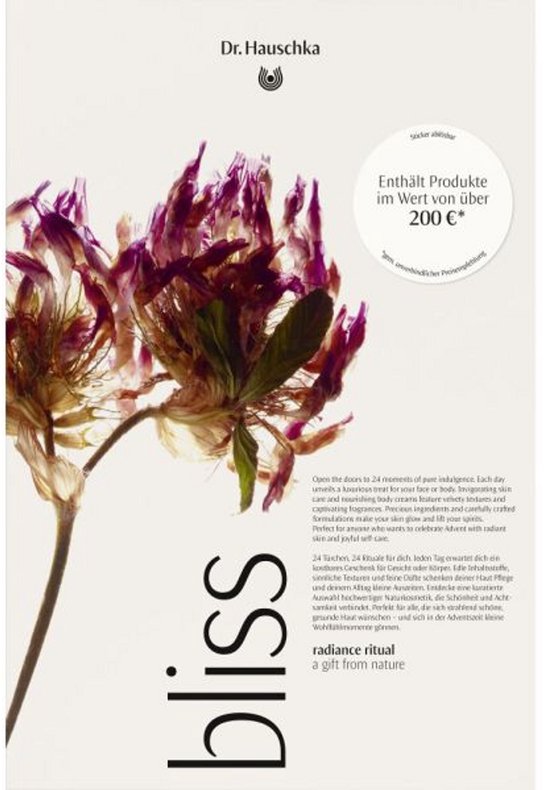 Dr. Hauschka bliss adventskalender met een paarse bloem en een ronde sticker met 'waarde van 200€'.