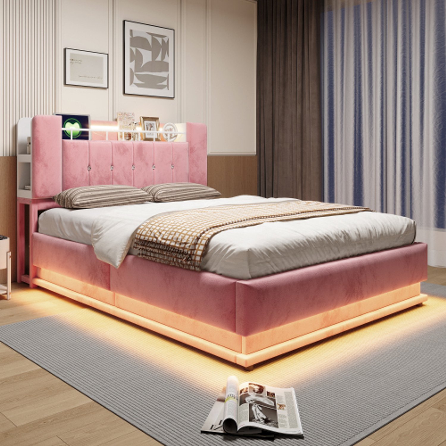 OOIILLEE Slim hoofdeinde-bed 140 x 200 cm met LED-verlichting, USB en hydraulische opbergruimte, zachte fluwelen hoes en metalen frame Roze