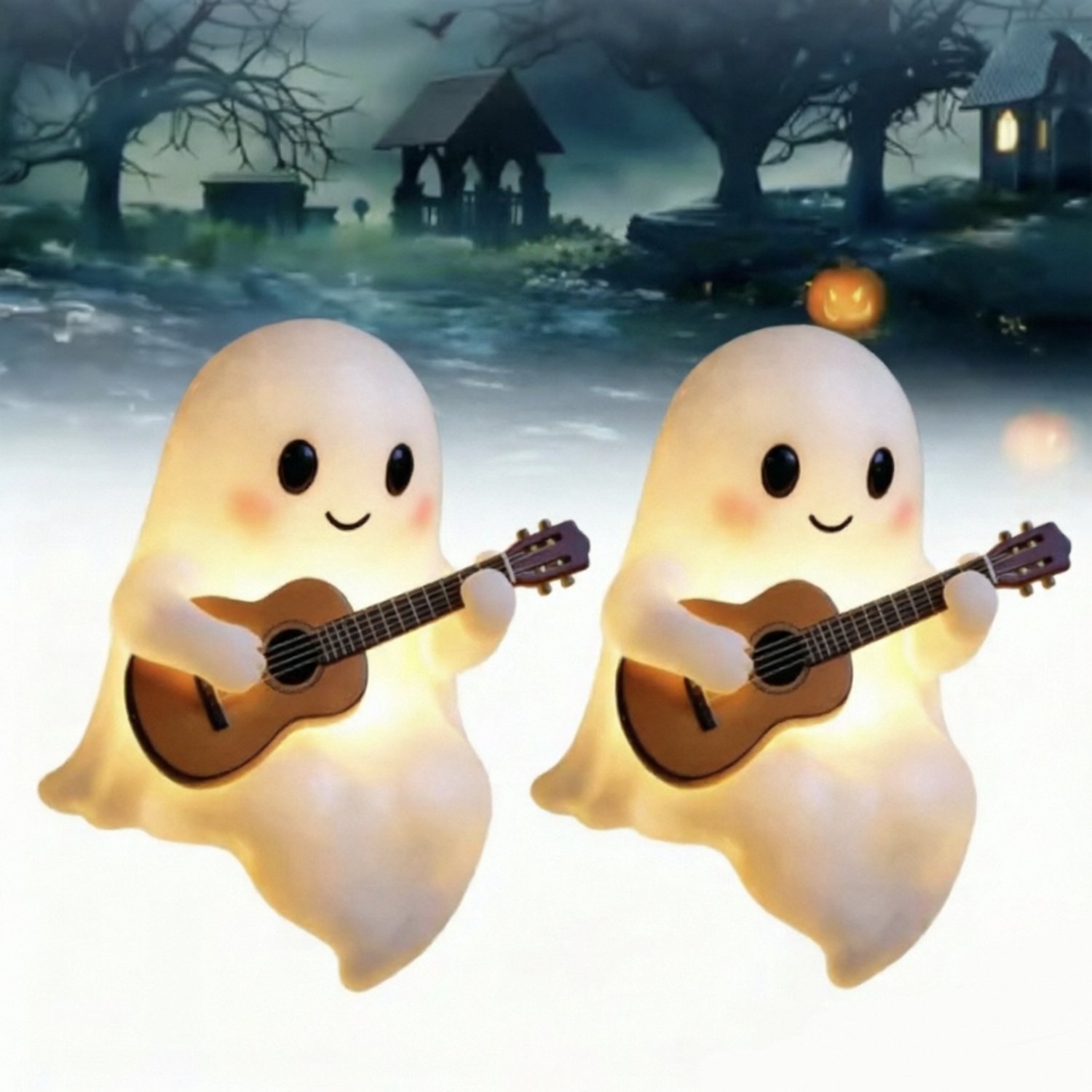 Oemmn Spook Nachtlampje met Gitaar - USB LED Sfeerlamp - Schattig Spook Beeldje voor Halloween Decoratie - Tafellamp voor Slaapkamer - Cadeau voor Muziekliefhebbers(2 Stuks) Wit：2 stuks