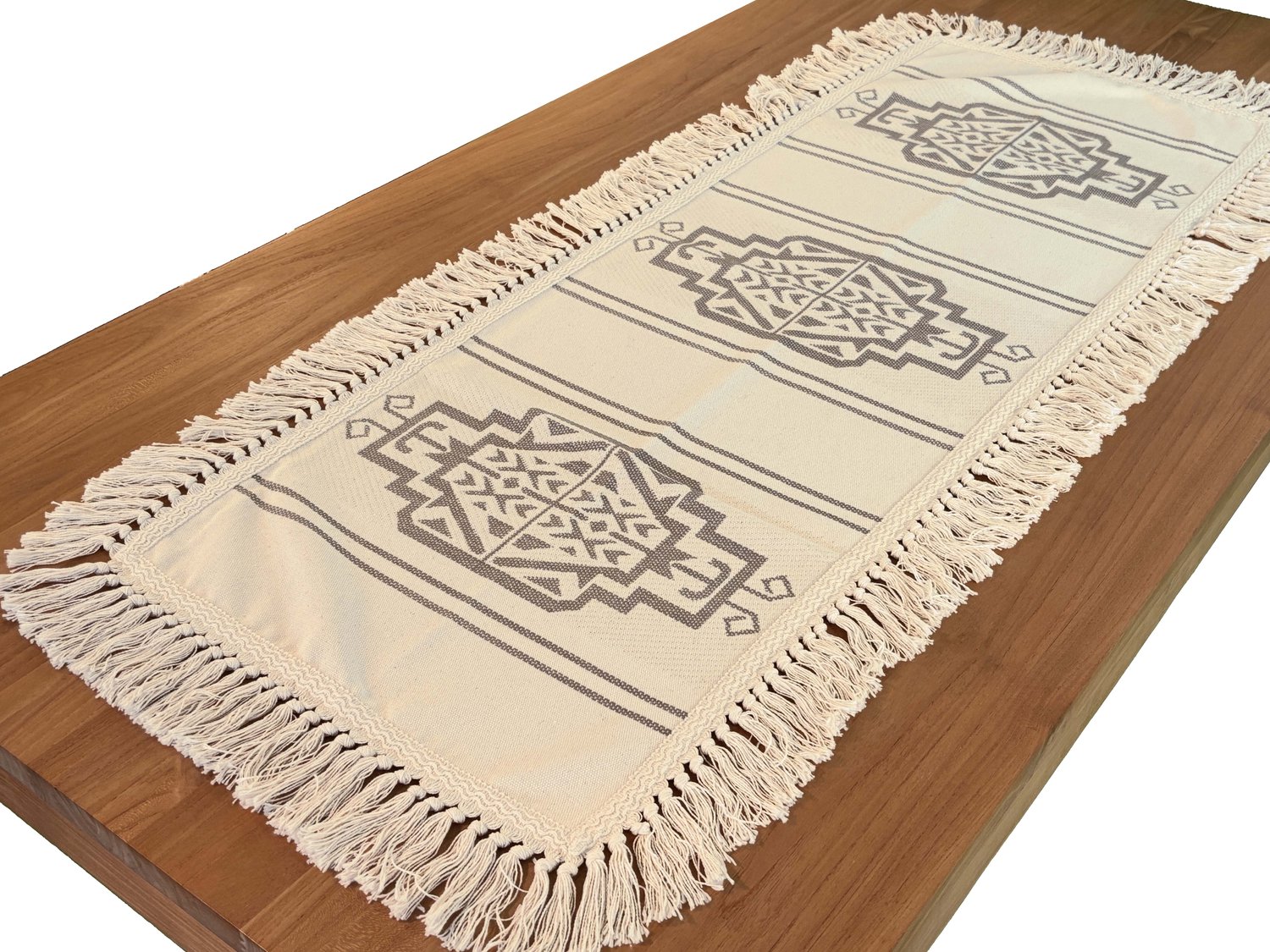Kleedje - Loper - Tafelloper Katmandu - Kleur 3 - Crème met taupe - rondom franjes - 45 x 130 cm - kilim motief / symbolen