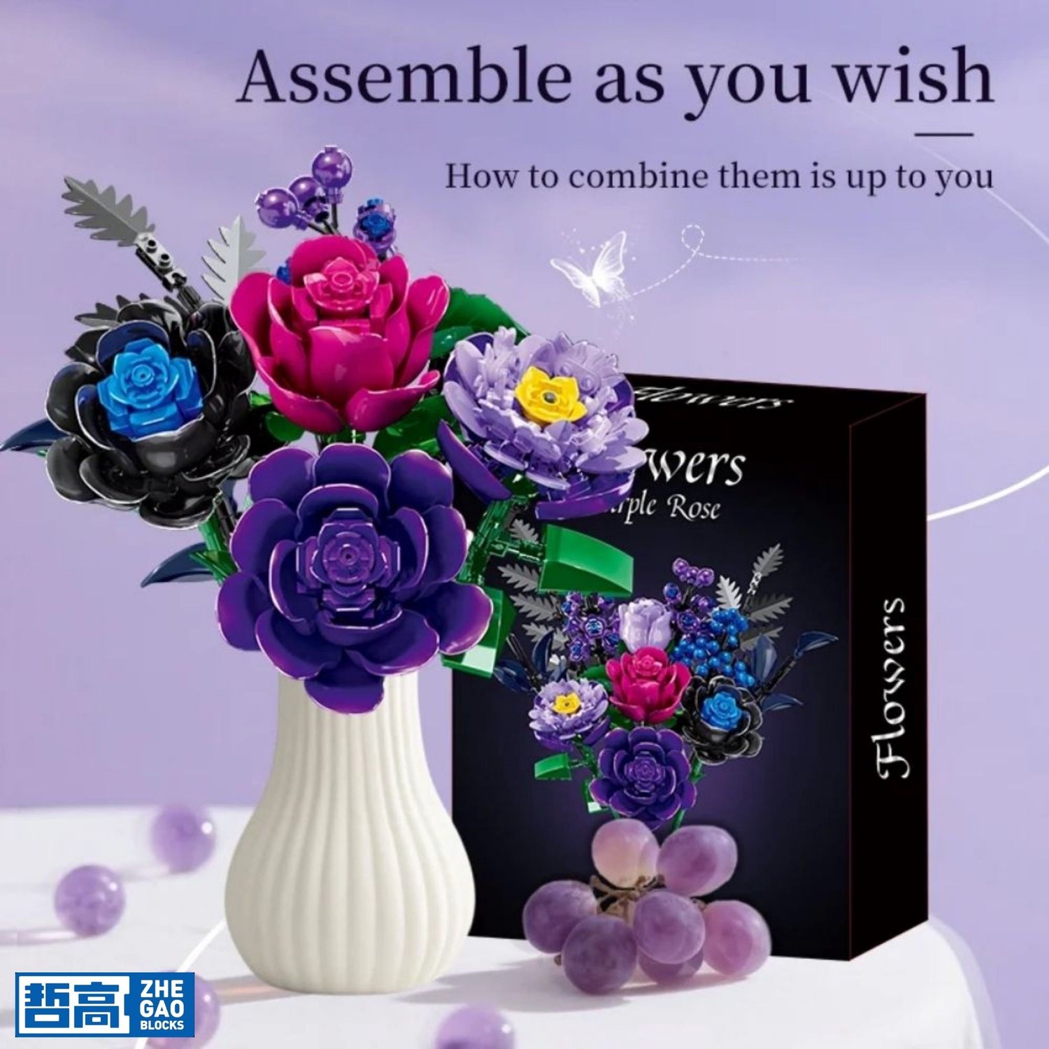 Zhe Gao 11542 Paarse Rozen BIoemen Boeket bouwset | Botanical Flowers Collection 2026 modelbouw | Classic Creator speelgoed bouwpakketten voor volwassenen & kinderen | kunstbloemen niet geschikt voor lego | bouwdoos met 759 bouwstenen — afbeelding 2