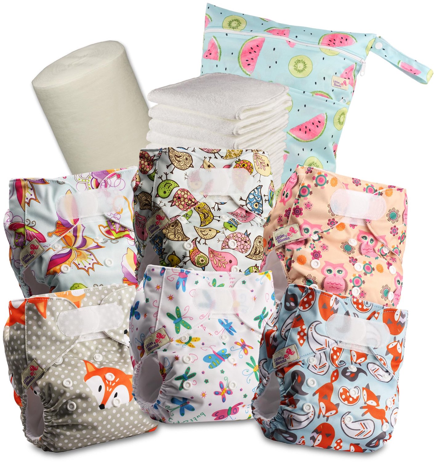 Wasbare Luiers met Sluiting, 6 Luiers + 6 Inleggers en Luiertas
