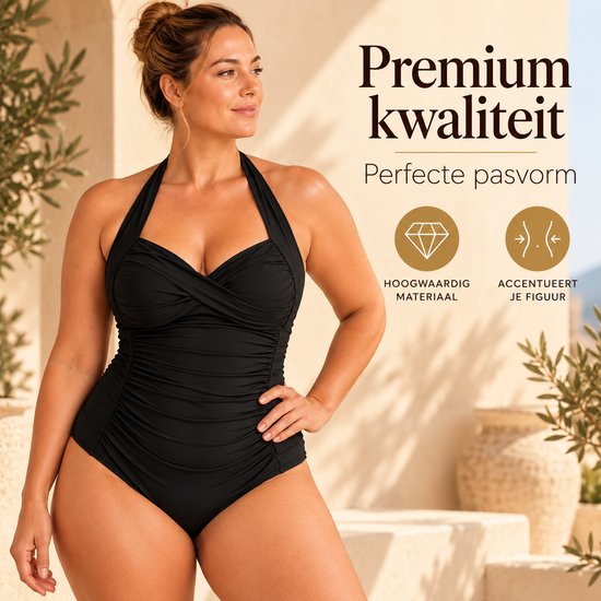 Model draagt zwart corrigerend halterbadpak; tekst: Premium kwaliteit, perfecte pasvorm, accentueert je figuur.