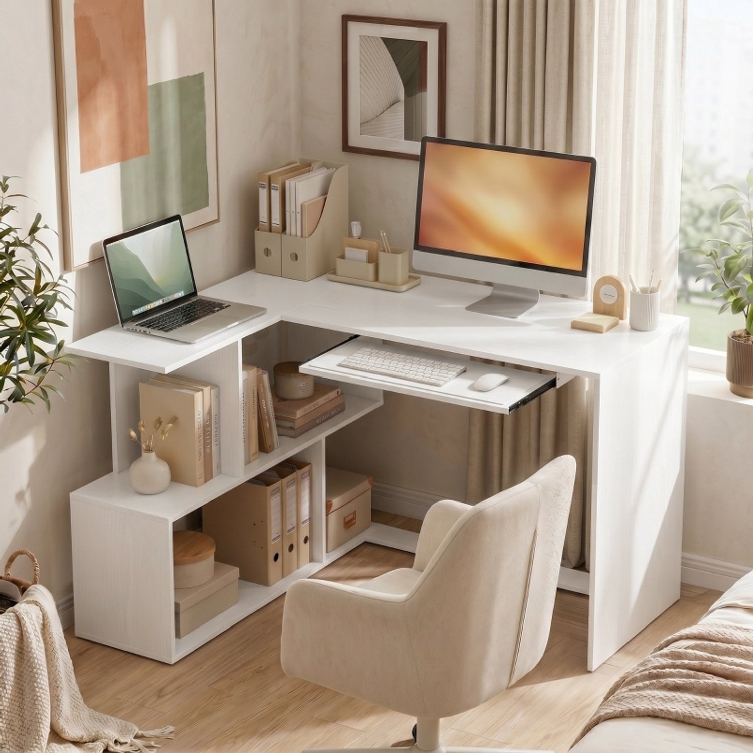 MODFU L-Vorm Bureau Met Toetsenbordlade En Open Vakken - Wit Houtlook - 120 x 100 x 76 cm
