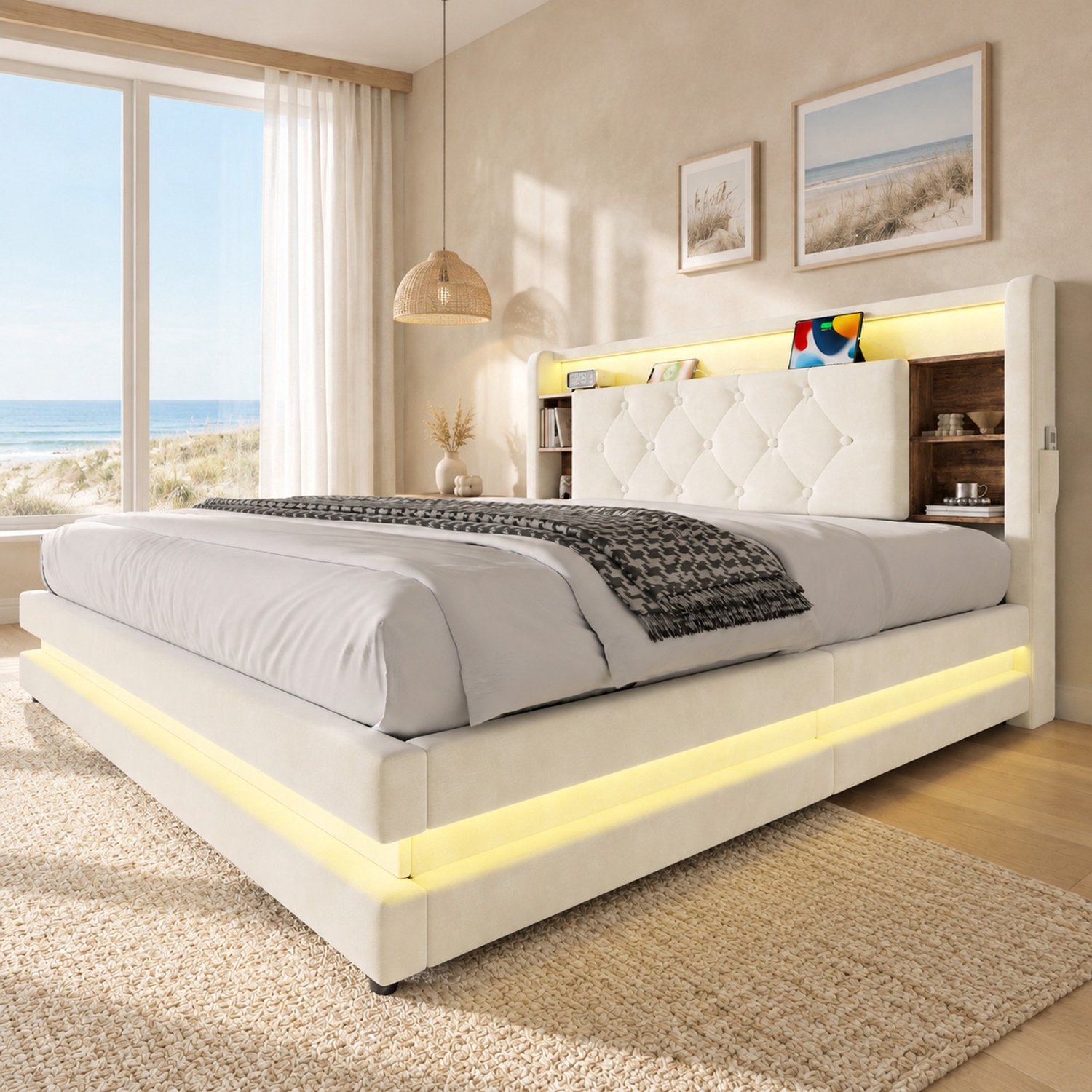 WUVRIE Gestoffeerd bed 140x200 cm - LED, USB en Type-C - Hydraulische opbergruimte - Beige