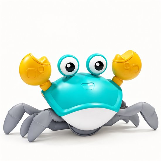 Interactieve blauwe krab met grote ogen, gele scharen en grijze poten voor babyspeelplezier.