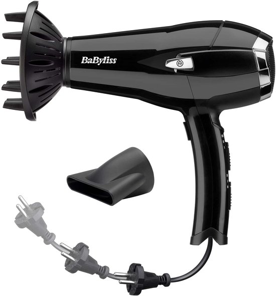 Zwarte BaByliss föhn met bevestigde diffuser, blaasmond en intrekbaar snoer.