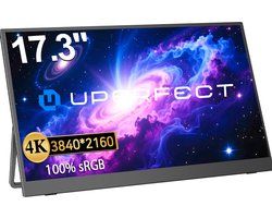 UPERFECT 4K UHD 17,3-inch draagbare monitor, 500 cd/m², USB-C en Mini HDMI, geschikt voor laptop, smartphone, Switch en PS4/5; voorzien van een metalen behuizing en ondersteuning voor VESA-montage.