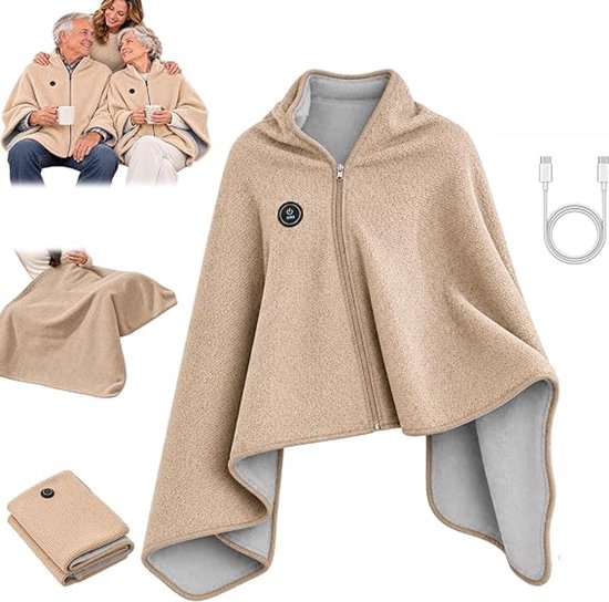 Beige verwarmde sjaal met rits en grijze binnenkant, getoond in verschillende gebruikssituaties en met USB-kabel.