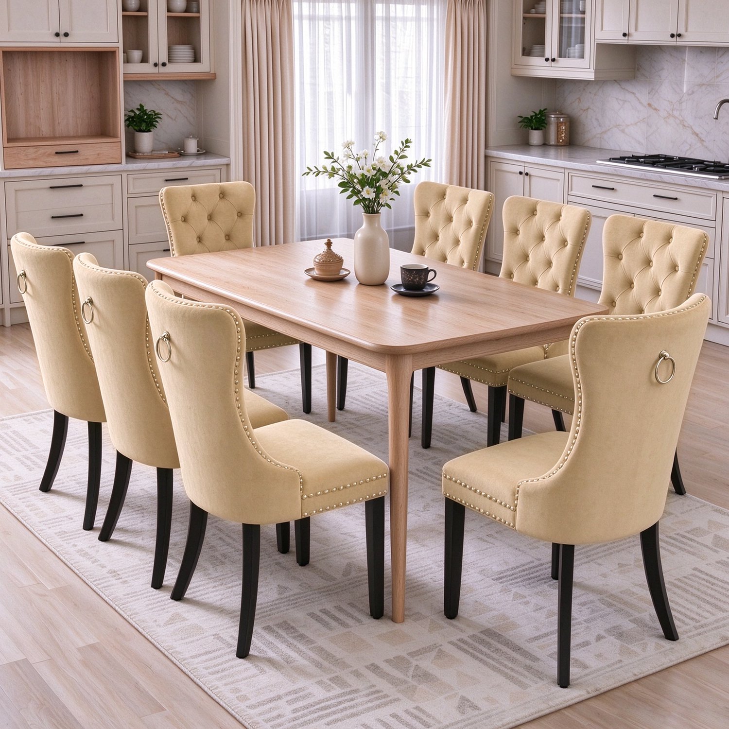 Puluomis Eetkamerstoel - Set Van 8 - Fluweelstof - Massief houten poten - Khaki