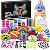 Napi Knutselpakket Stenen Schilderen 80-delig - Happy Stones Knutselset met 16 Stenen - Knutselen voor Kids: Jongens & Meisjes - Glow in the Dark Verf Set