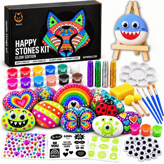 Napi Happy Stones Glow Edition set met verf, kwasten, glitterlijm, stickers, wiebeloogjes en beschilderde stenen.