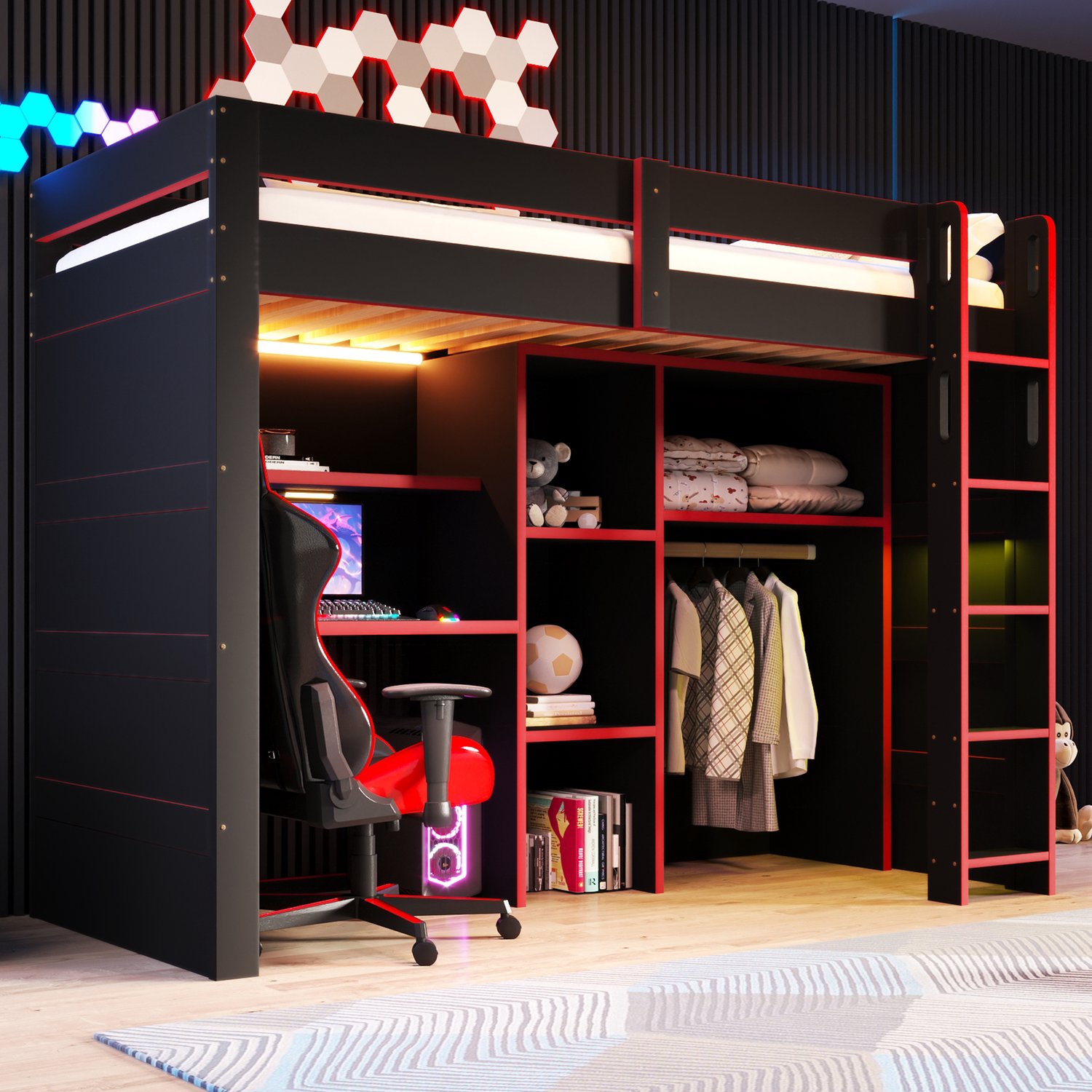 WUVRIE Hoogslaper 90x200 cm - Bureau, open kledingkast en LED-verlichting - Zwart/rood Zwart en rood