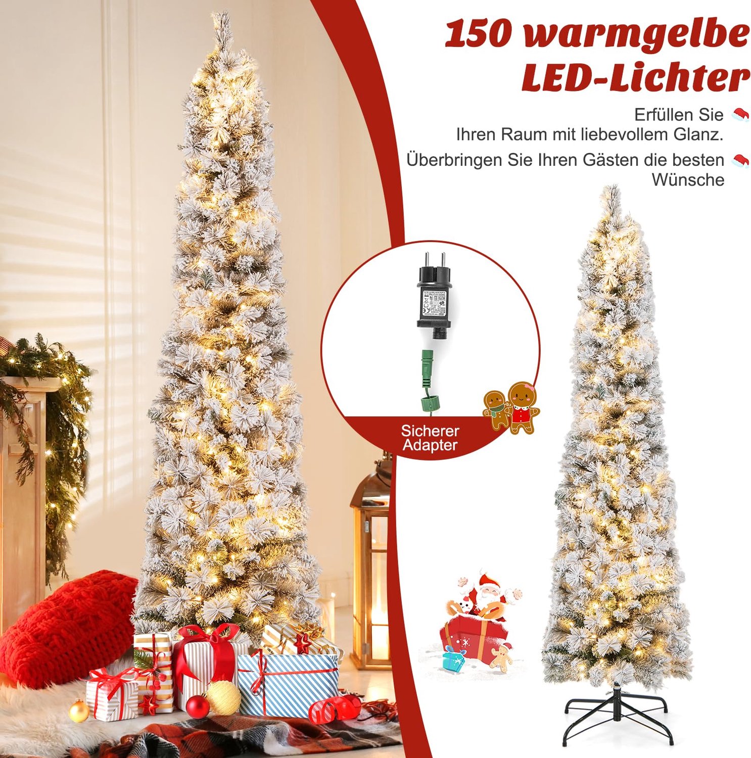 COSTWAY Kunstkerstboom 180 cm met verlichting - Smal Potloodmodel met Sneeuweffect - PVC 373 takken - 150 Warmwitte LED-lampjes - Wit en groen – foto 7