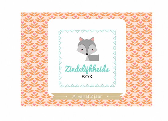 Zindelijkheidsbox met grijs vosje, oranje-roze bladerpatroon en tekst: Zindelijkheids BOX, Al vanaf 2 jaar.