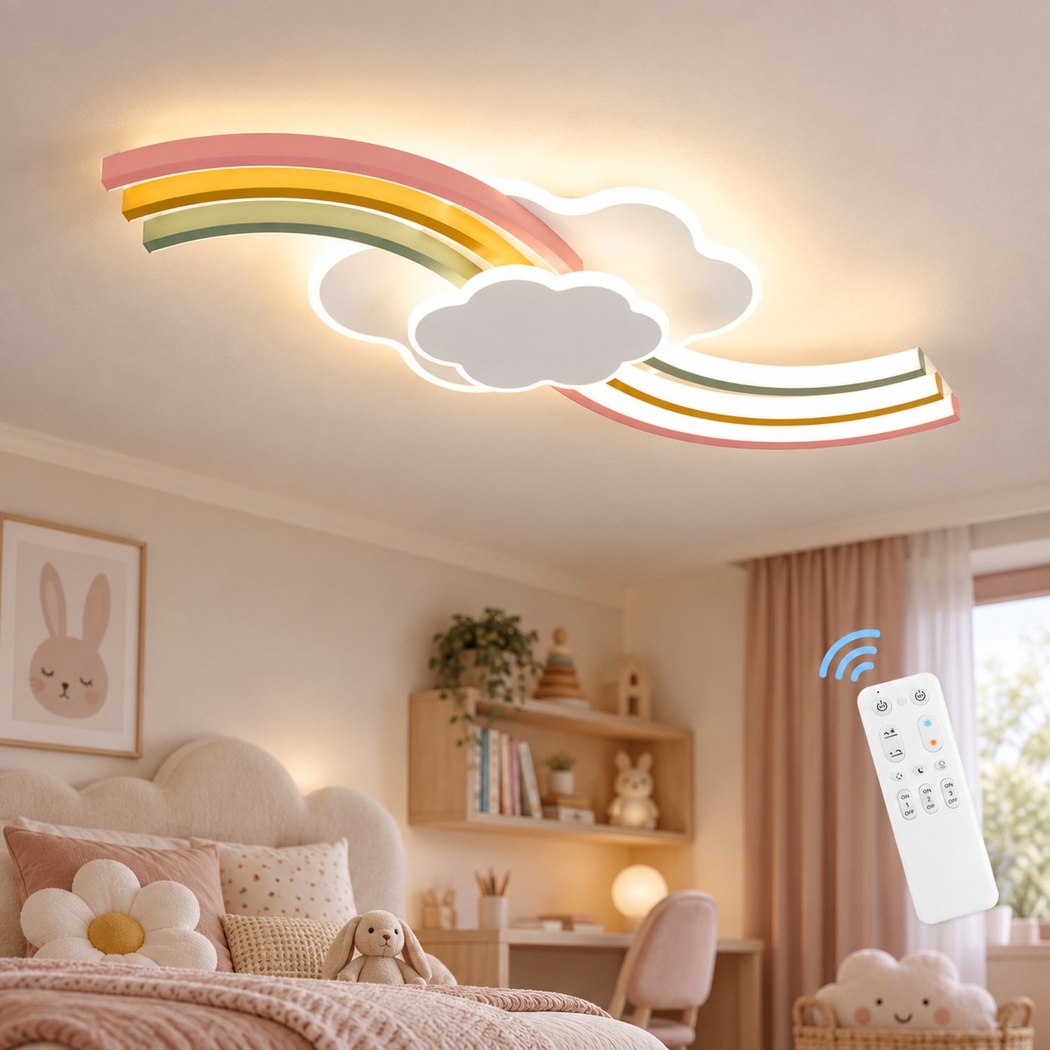 Epochglo LED Plafondlamp Regenboog en Wolk met Afstandsbediening - Kinderkamerlamp 62cm - 40W 3400LM - Dimbaar 3000-6500K - Nachtlampstand - Geheugenfunctie - Timer - Plafonnière voor Kinderkamer en Slaapkamer