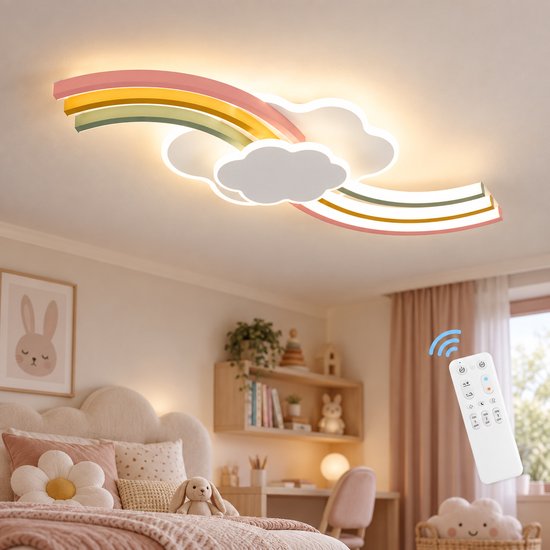 Regenboog- en wolkplafondlamp in kinderkamer met bijbehorende afstandsbediening voor dimbare verlichting.