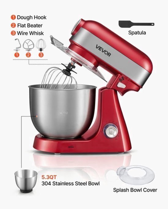 Elektrische Keukenmixer 1000 W - 5 Liter Mengkom - Rood - Deegmachine - Staande Mixer - SUS304 RVS Kom — afbeelding 4