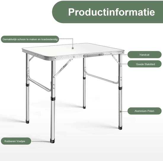 Opvouwbare campingtafel van aluminium, verstelbare hoogte 33‑70cm, draagbare klaptafel voor kamperen, picknick, thuisgebruik, 75x55cm — afbeelding 5