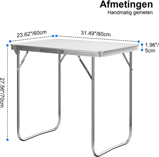 Vouwtafel 80 x 60 cm aluminium, draagbare opvouwbare tafel voor binnen en buiten, picknicktafel, bureau voor thuiswerken, marktkraam tafel — afbeelding 2